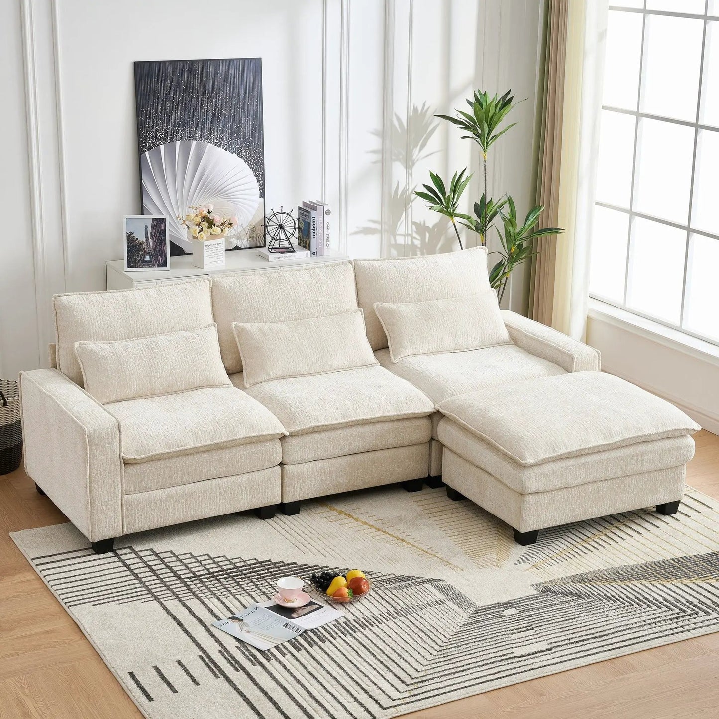 L-shaped sectional sofa with movable ottoman in beige textured fabric, 2-piece set on Tampa Home & Garden Store