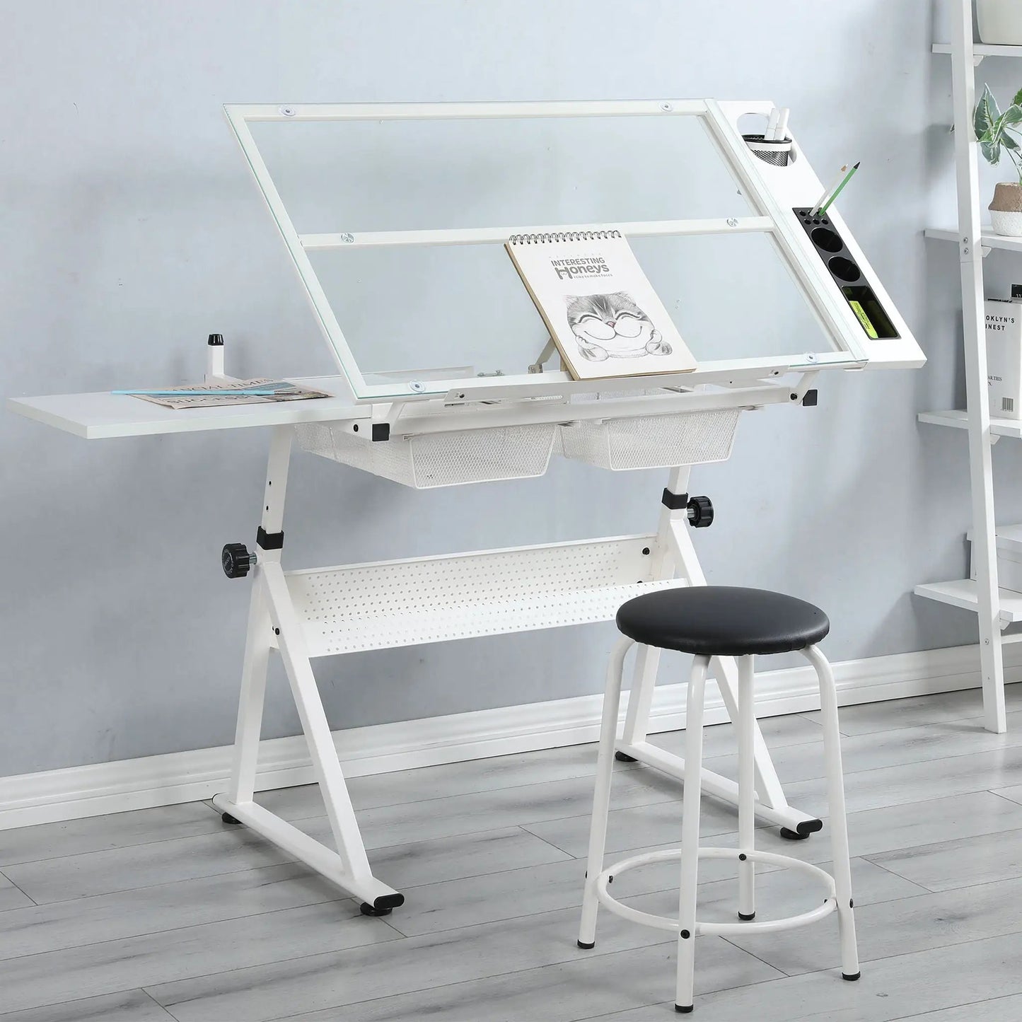 Adjustable Glass Drafting Table with Chair