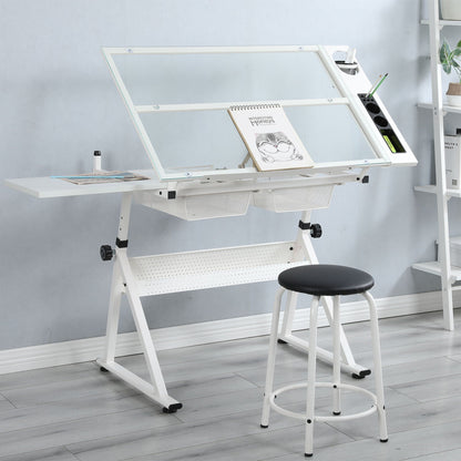 Adjustable tempered glass drafting table and stool with white frame by HouseOfZazla on Tampa Home & Garden Store