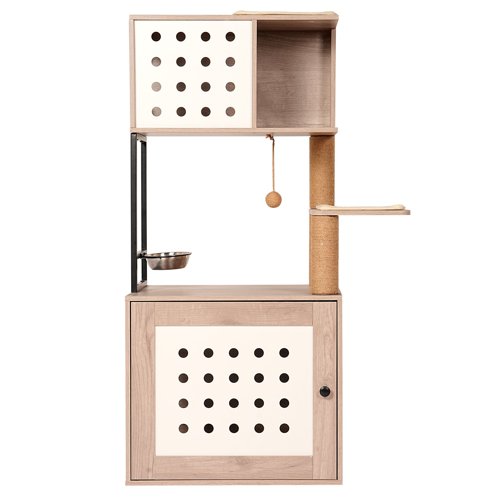 Cat Tree with Litter Box Enclosure and Large Hammock by HouseOfZazla, beige wood on Tampa Home & Garden Store