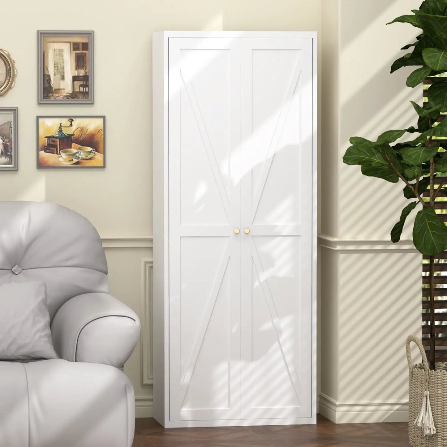 Adjustable white 2-door accent cabinet with X-panel doors and gold knobs; adjustable shelves on Tampa Home & Garden Store
