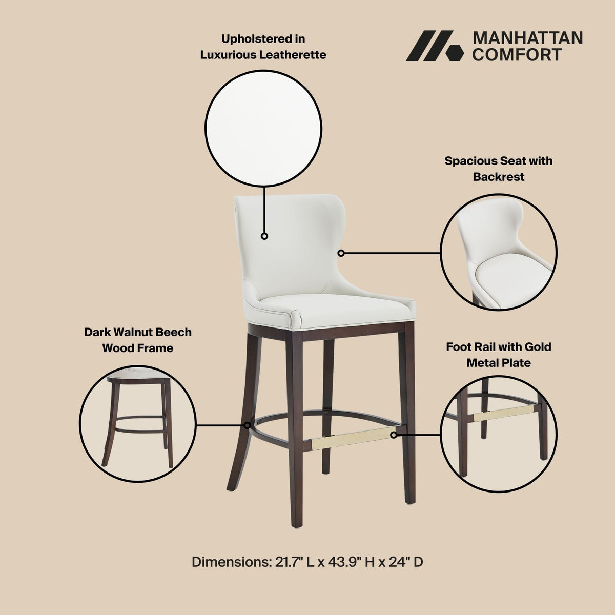 Bar Height Barstool with Backrest Manhattan Comfort white dark walnut beech wood (2 stools) on Tampa Home & Garden Store