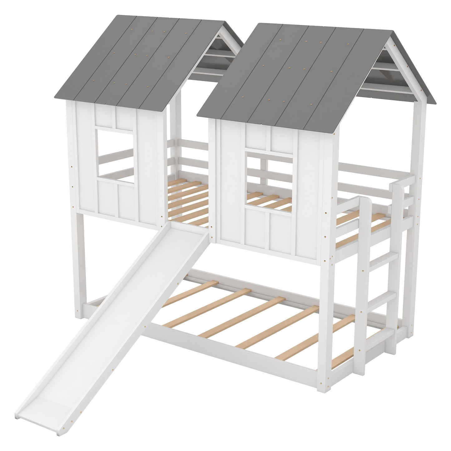 Twin Over Twin House Bunk Bed with Slide and Windows in white gray by HouseOfZazla on Tampa Home & Garden Store