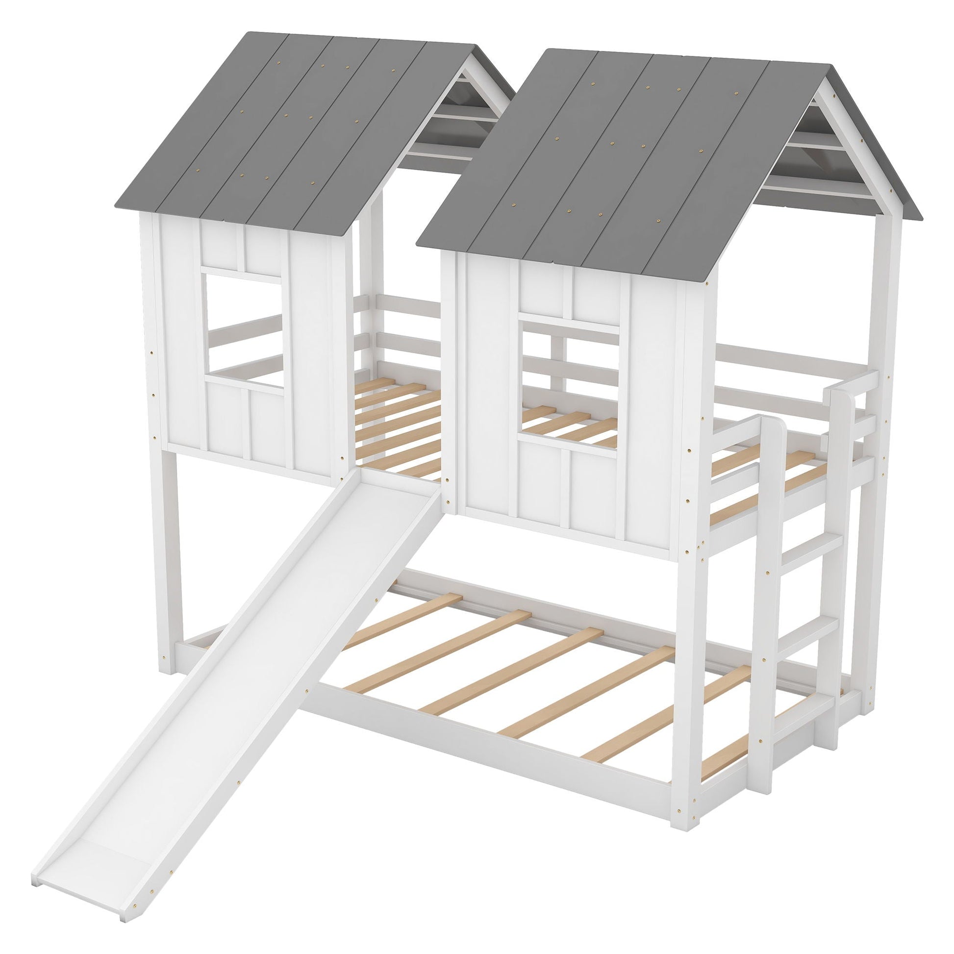 Twin Over Twin House Bunk Bed with Slide and Windows in white gray by HouseOfZazla on Tampa Home & Garden Store