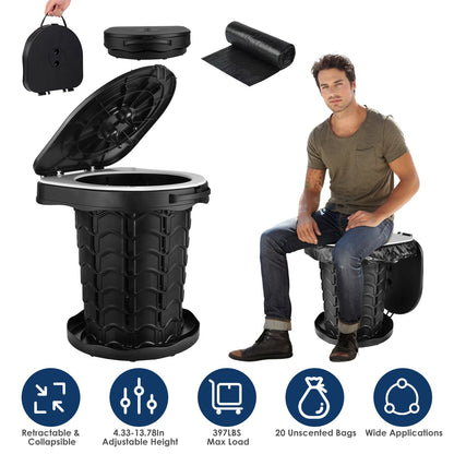 GemGear black portable toilet, collapsible unit with adjustable lid and carry bag, 20 bags on Tampa Home & Garden Store