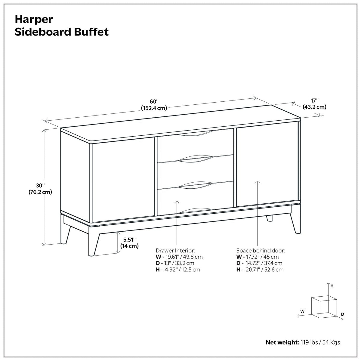 Harper Solid Wood Sideboard Buffet by HouseOfZazla with 3 central drawers, 60in W x 30in H on Tampa Home & Garden Store