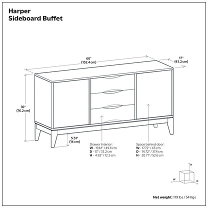 Harper Solid Wood Sideboard Buffet by HouseOfZazla with 3 central drawers, 60in W x 30in H on Tampa Home & Garden Store