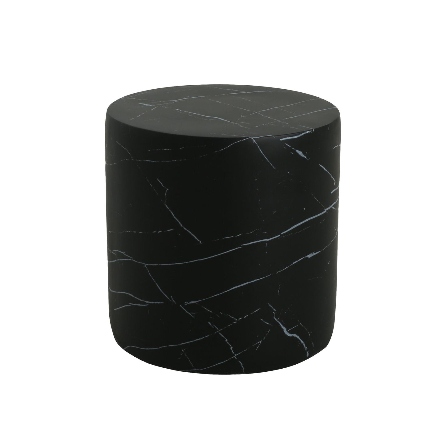 Cylindrical outdoor side table with a black marble-like finish and white veining on Tampa Home & Garden Store