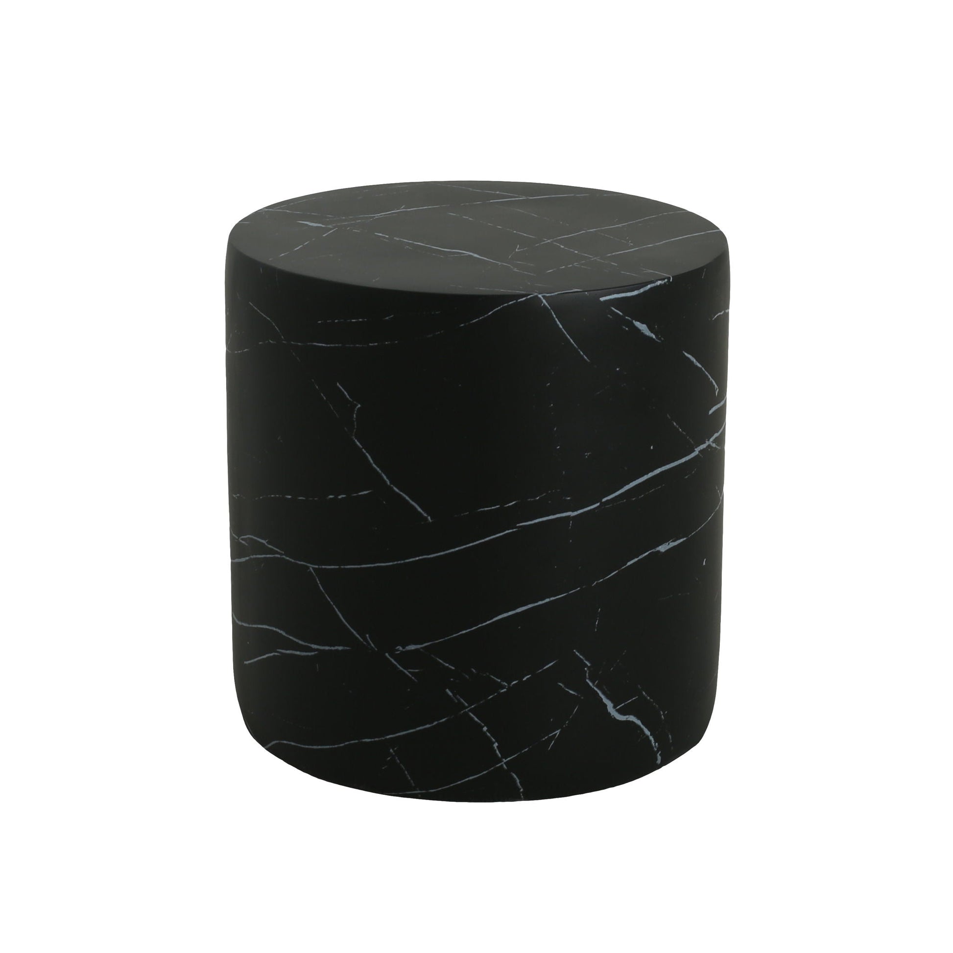 Cylindrical outdoor side table with a black marble-like finish and white veining on Tampa Home & Garden Store