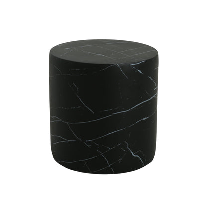 Cylindrical outdoor side table with a black marble-like finish and white veining on Tampa Home & Garden Store
