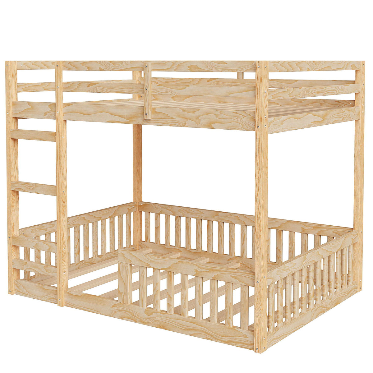 Bunk bed frame in natural pine with ladder and guardrails on Tampa Home & Garden Store