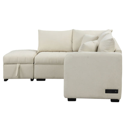 Beige L-shaped sleeper sectional with movable storage ottoman and USB ports and power sockets on Tampa Home & Garden Store