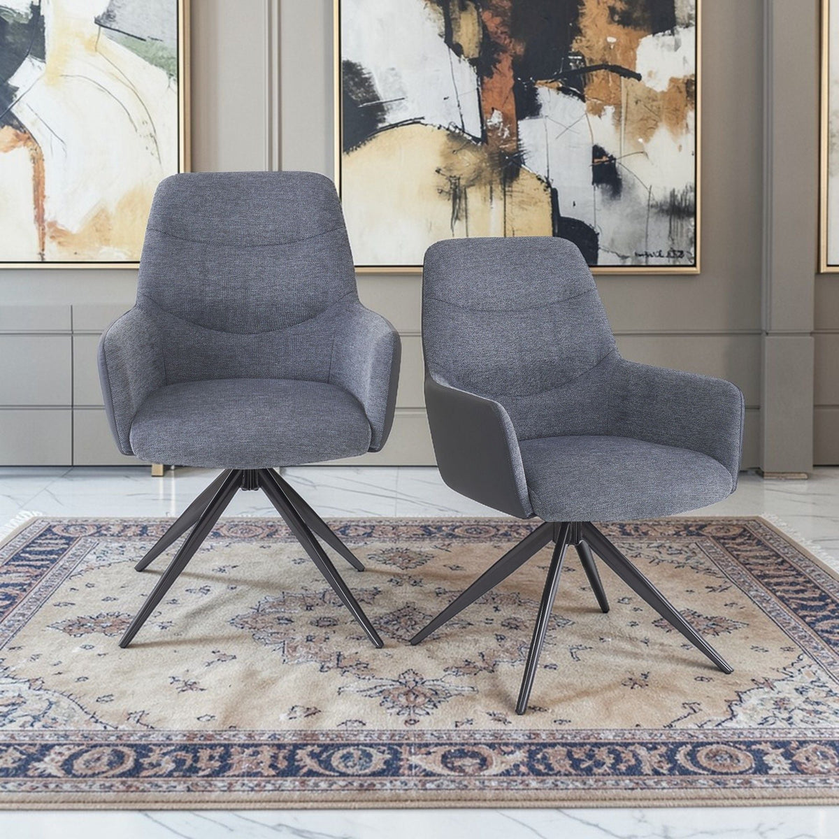 Gray fabric arm chairs 2-piece set with padded cushions on metal swivel bases on Tampa Home & Garden Store