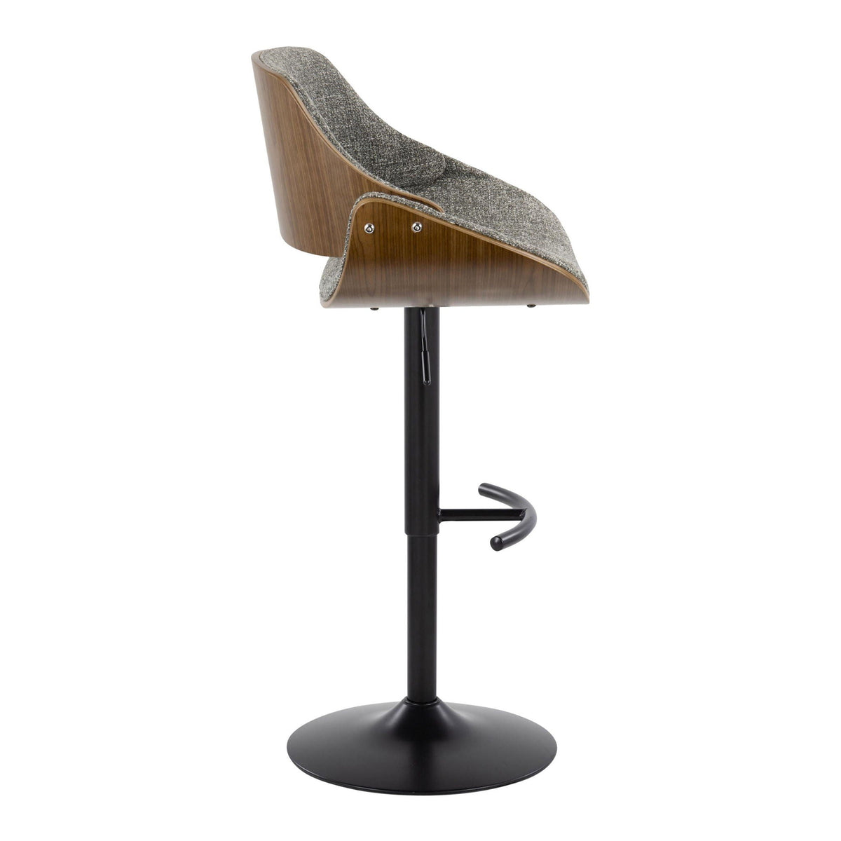 Mid-Century Modern adjustable bar stool with rounded T-footrest, dark gray fabric on Tampa Home & Garden Store