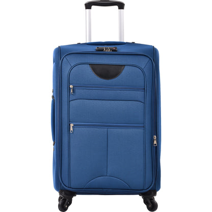 Blue softside luggage suitcase with extendable silver handle and spinner wheels on Tampa Home & Garden Store