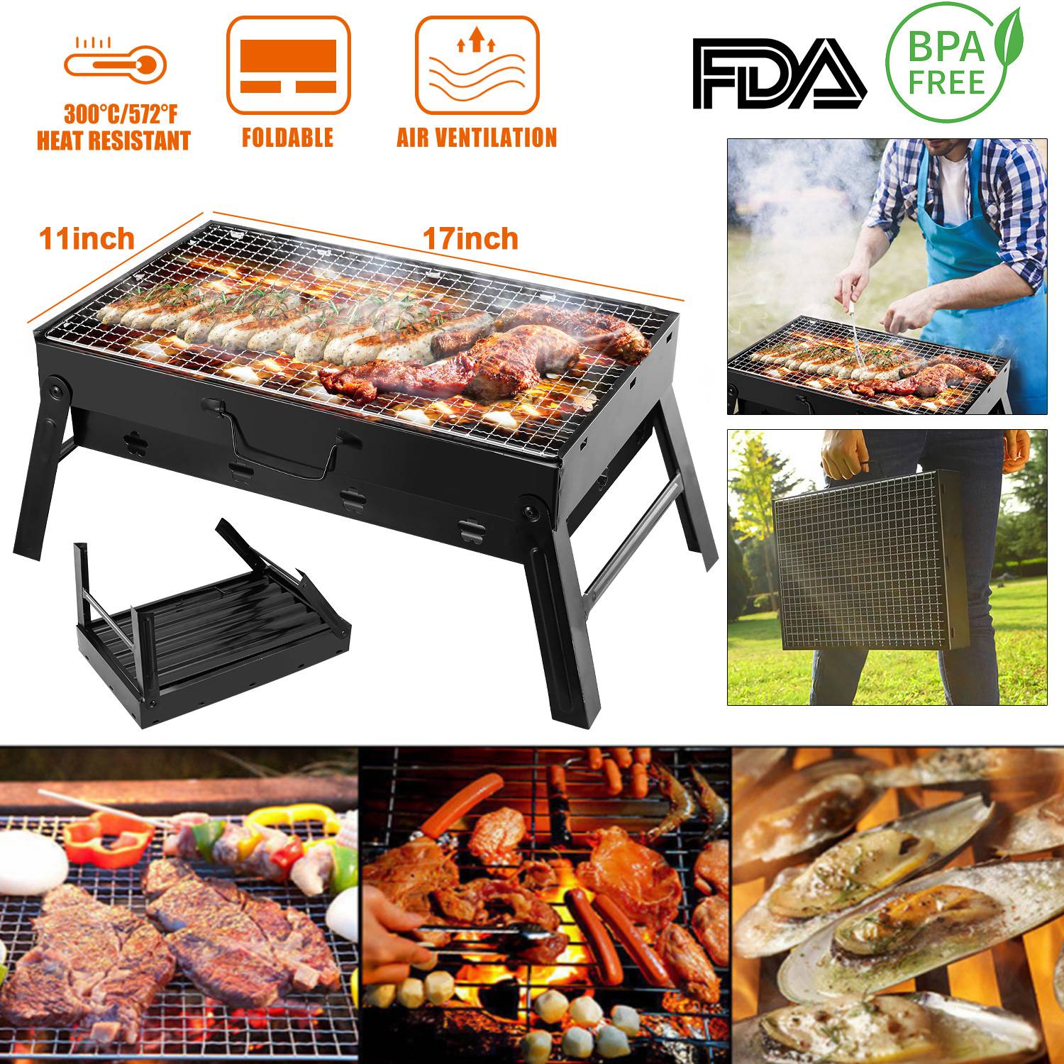 GemGear portable foldable charcoal grill, black metal, ideal for camping and picnics on Tampa Home & Garden Store