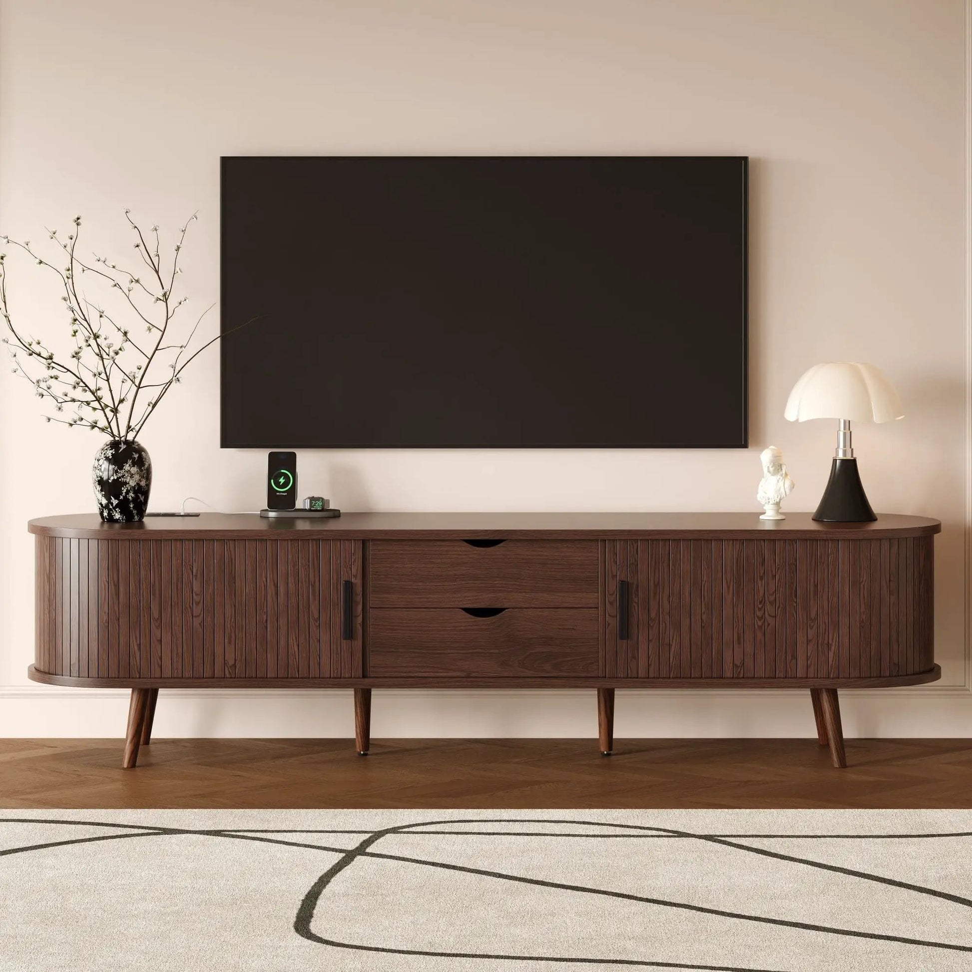 TV Stand for 70in TV with dark brown finish, tambour doors, drawers, built-in power outlet on Tampa Home & Garden Store