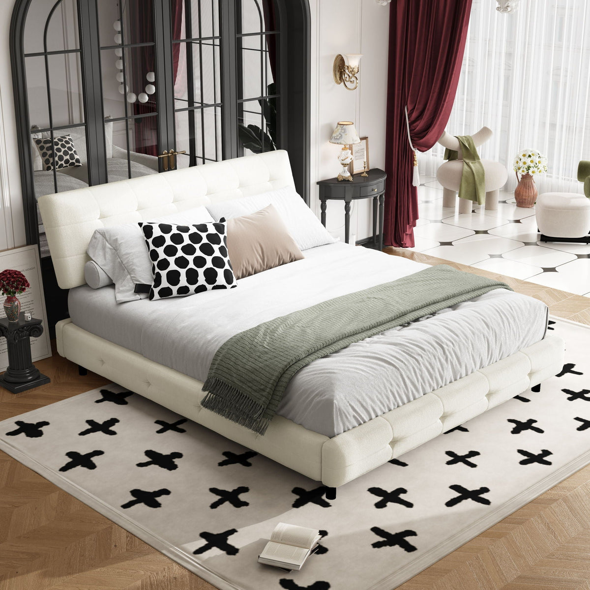 Tufted Headboard Upholstered Bed in white with ultra-soft cloud pillow design by HouseOfZazla on Tampa Home & Garden Store