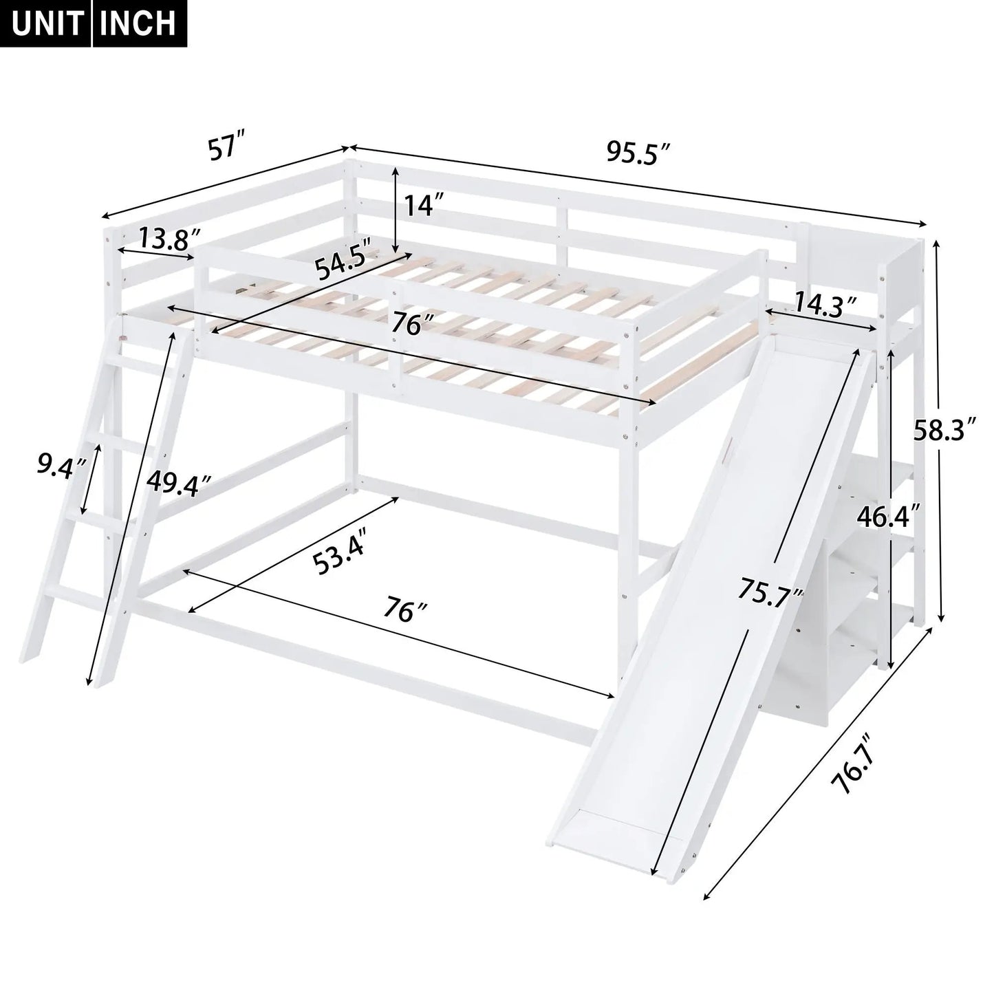 Bunk Bed With Ladder, Slide, And Shelves Pine Wood white finish by Unique Piece Furniture on Tampa Home & Garden Store
