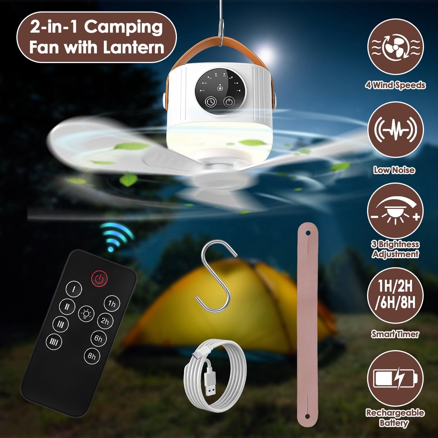 Rechargeable tent ceiling fan by GemGear with LED light and remote camping fan with 4 modes on Tampa Home & Garden Store