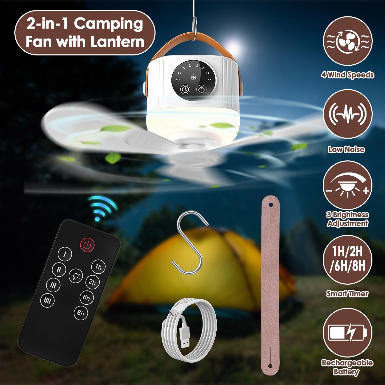 Rechargeable tent ceiling fan by GemGear with LED light and remote camping fan with 4 modes on Tampa Home & Garden Store