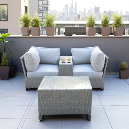 2-piece outdoor rattan sectional with grey cushions and central wicker table on rooftop patio on Tampa Home & Garden Store