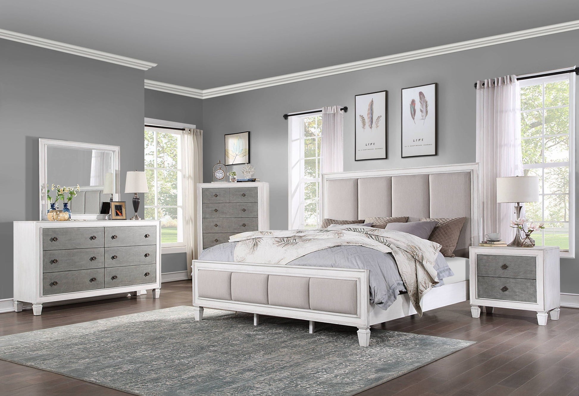 Katia Upholstered Bed by HouseOfZazla in gray fabric with tufted headboard and nightstands on Tampa Home & Garden Store