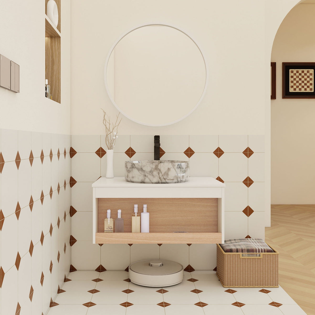 Floating vanity with vessel sink by HouseOfZazla, white cabinet, wood drawer, round marble basin on Tampa Home & Garden Store