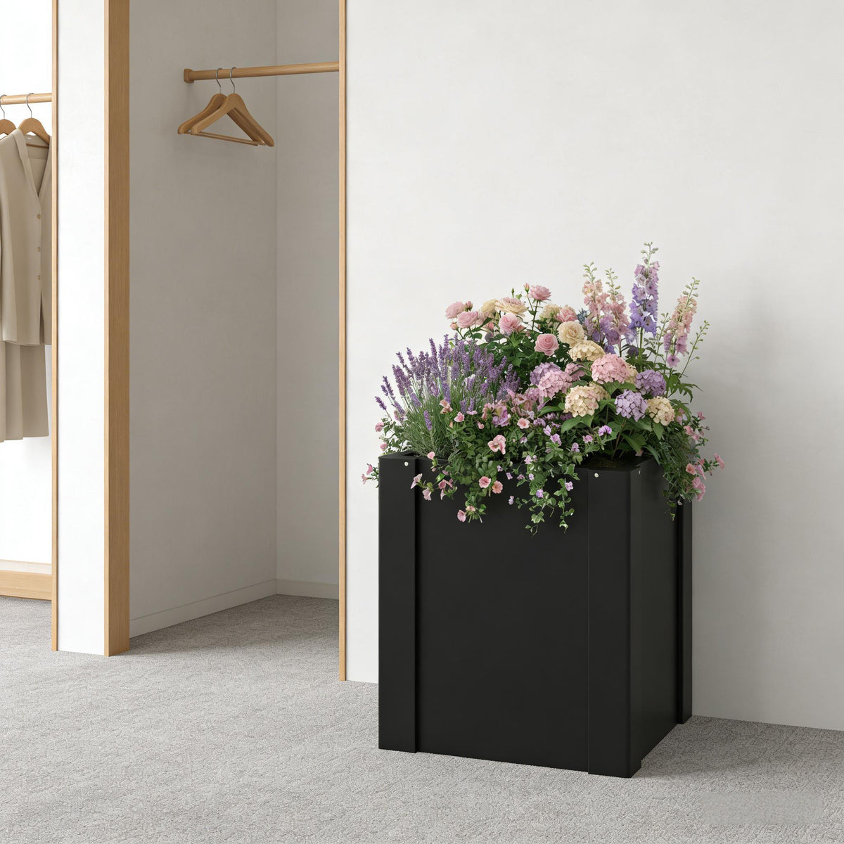 Modern Planter Bed elevated black planter with lush pink and purple flowers on Tampa Home & Garden Store