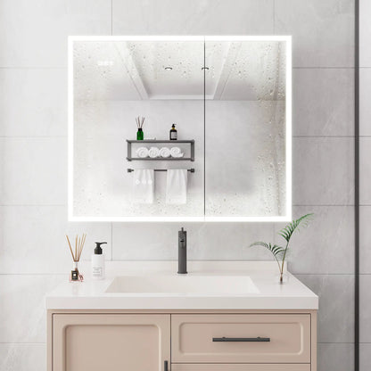 LED backlit medicine cabinet with mirror and defogger, beige finish over white vanity on Tampa Home & Garden Store