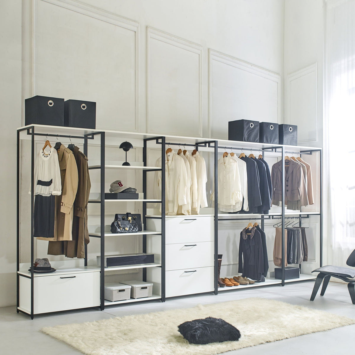 White walk-in wardrobe with adjustable shelves and metal frame HouseOfZazla triple Wardrobes on Tampa Home & Garden Store