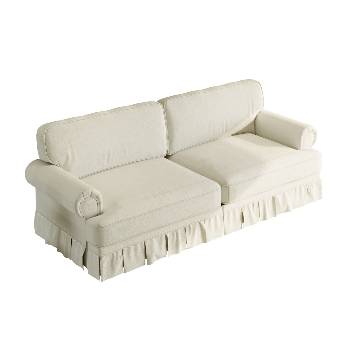 Comfortable Cloud Sofa with rolled arms and skirt, ivory fabric, stationary on Tampa Home & Garden Store