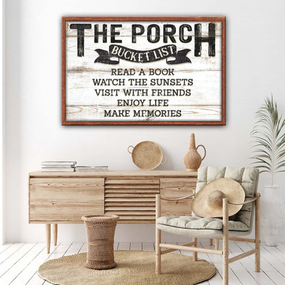 The Porch Bucket Sign rustic weathered wood with bold text by Tailored Canvases on Tampa Home & Garden Store
