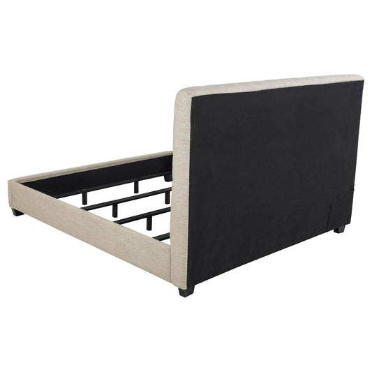 Copper Eastern King Panel Bed with tufted oatmeal fabric and black panels HouseOfZazla on Tampa Home & Garden Store