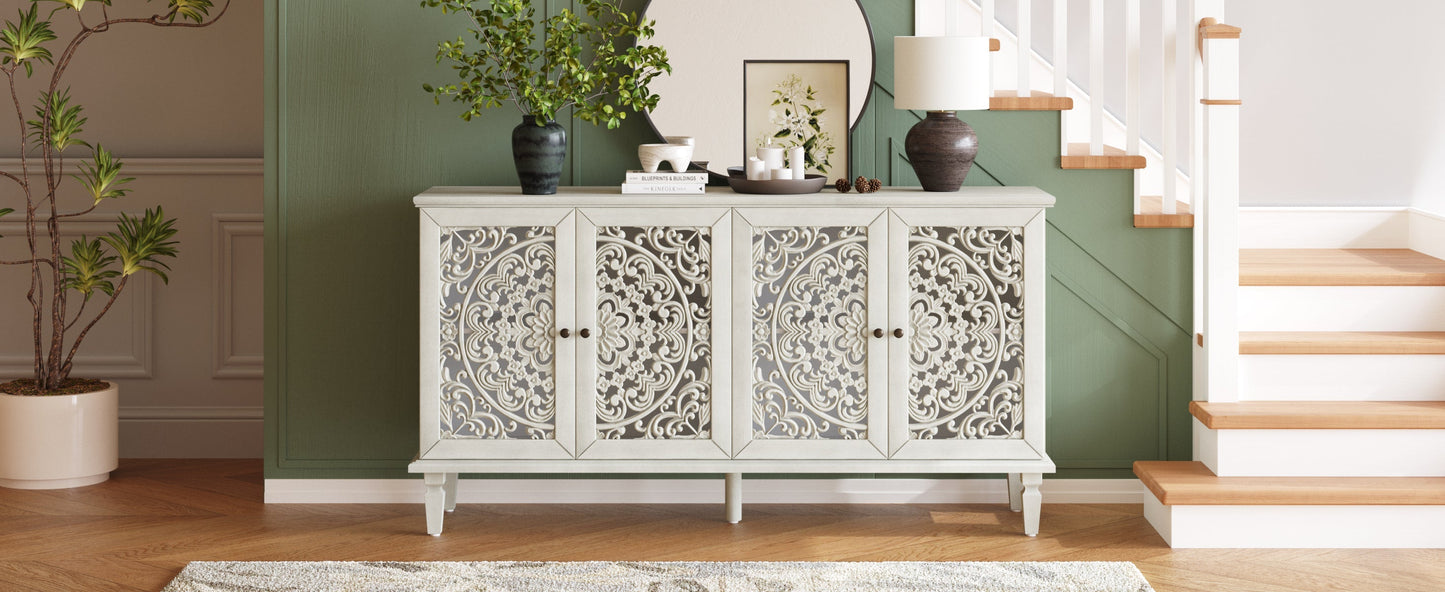 60in Buffet Cabinet with Floral Carvings, Solid Wood Legs, cream finish, four carved doors on Tampa Home & Garden Store