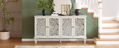 60in Buffet Cabinet with Floral Carvings, Solid Wood Legs, cream finish, four carved doors on Tampa Home & Garden Store