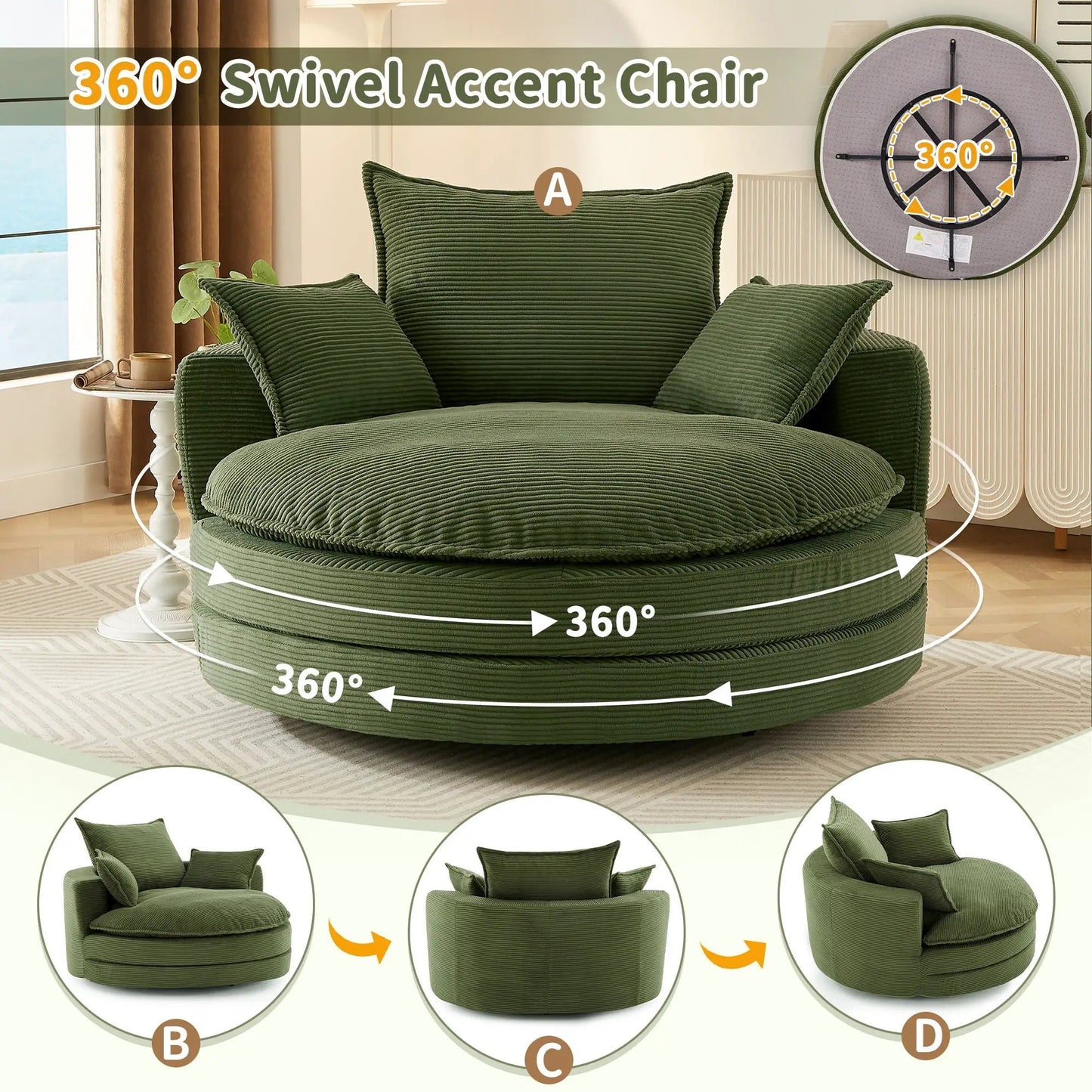 360 Degree Swivel Barrel Chair with Dual Cushions