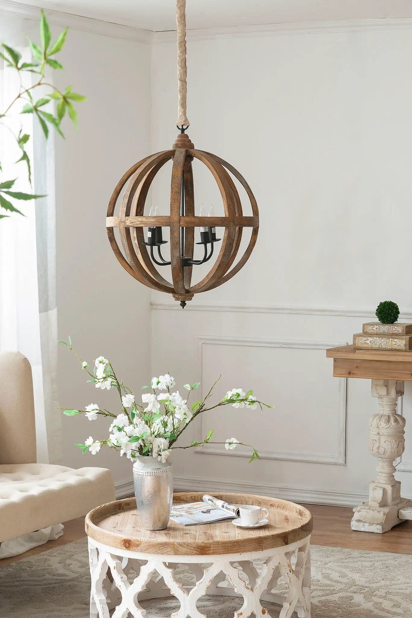 Wood Chandelier with Adjustable Chain for Kitchen