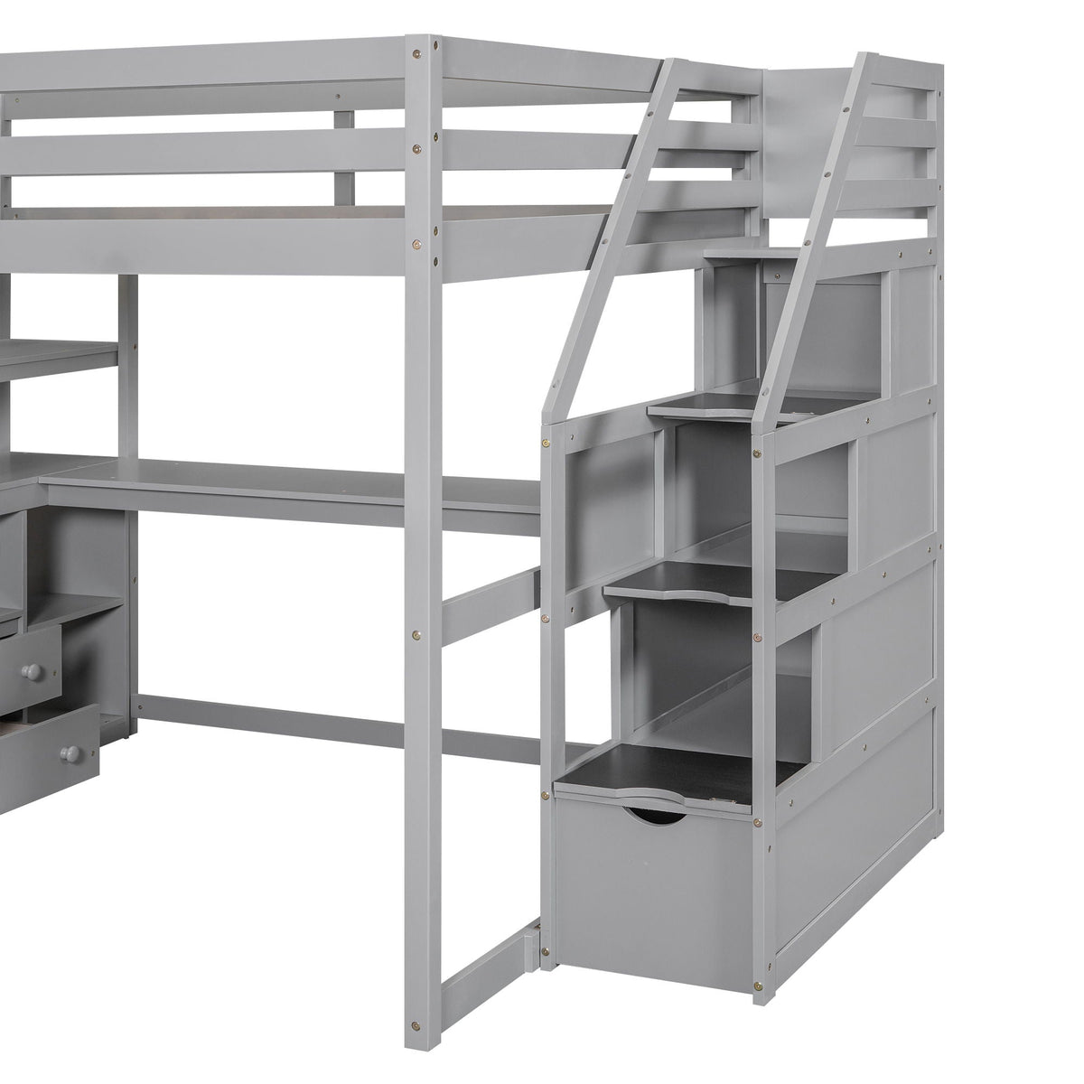 Loft bed with desk, shelves, 2 drawers and storage staircase in gray finish on Tampa Home & Garden Store
