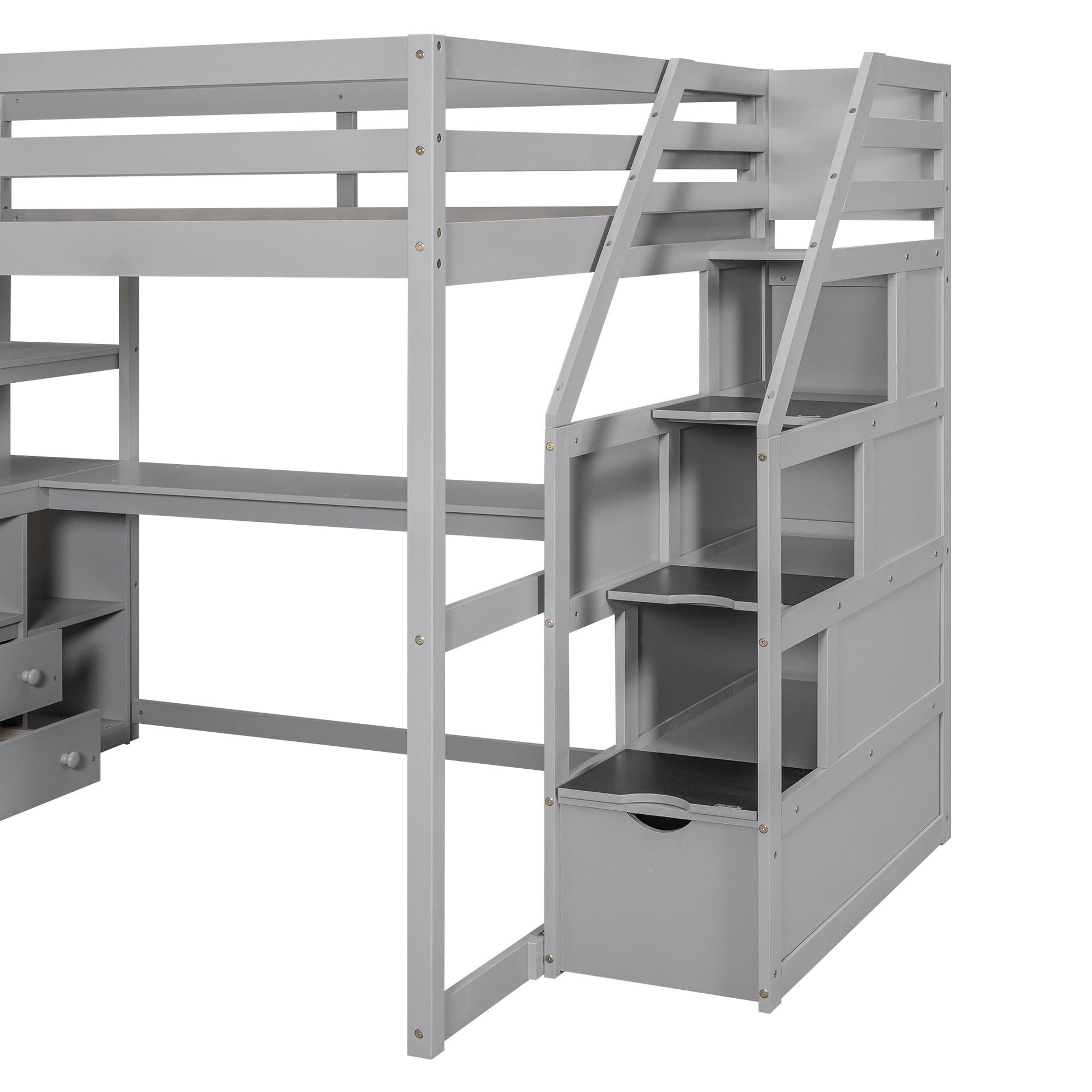 Loft bed with desk, shelves, 2 drawers and storage staircase in gray finish on Tampa Home & Garden Store