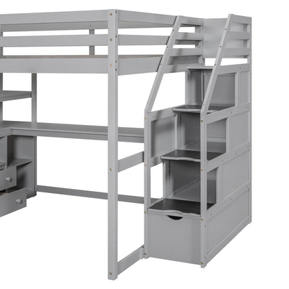 Loft bed with desk, shelves, 2 drawers and storage staircase in gray finish on Tampa Home & Garden Store