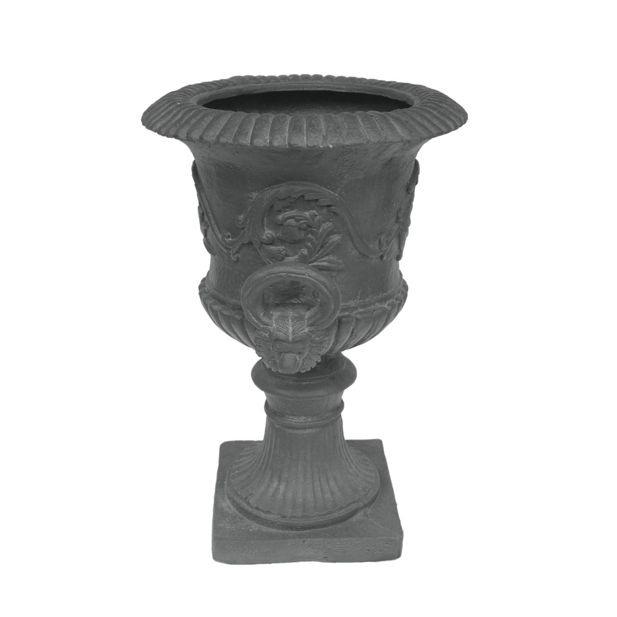 MGO Garden Urn Planter by HouseOfZazla, dark urn with ribbed rim and floral relief on Tampa Home & Garden Store