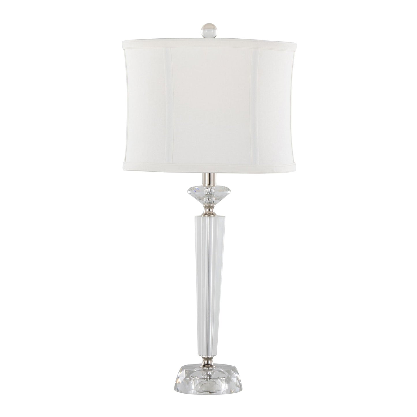 Diamond Torch crystal table lamp with clear body and off-white shade polished nickel finial on Tampa Home & Garden Store