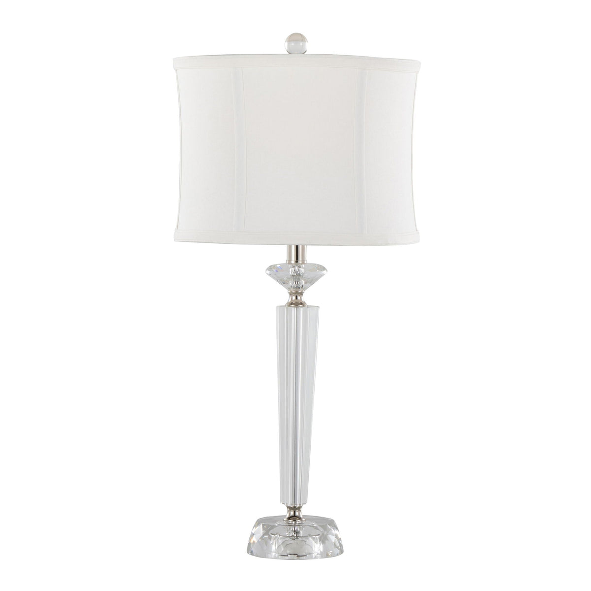 Diamond Torch crystal table lamp with clear body and off-white shade polished nickel finial on Tampa Home & Garden Store