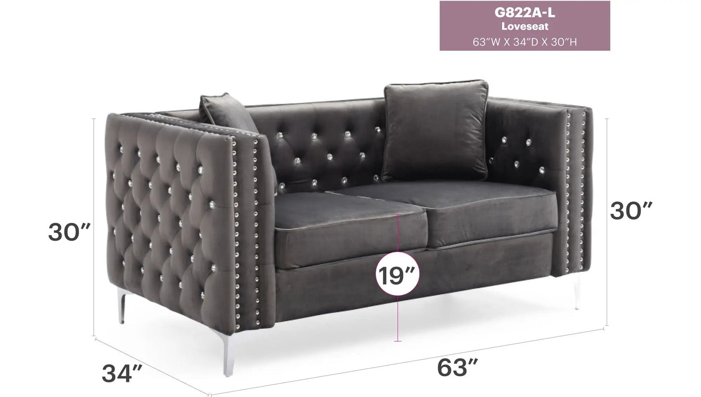Elegant Track Arm Loveseat in dark gray velvet with tufted back and nailhead trim on Tampa Home and Garden Store