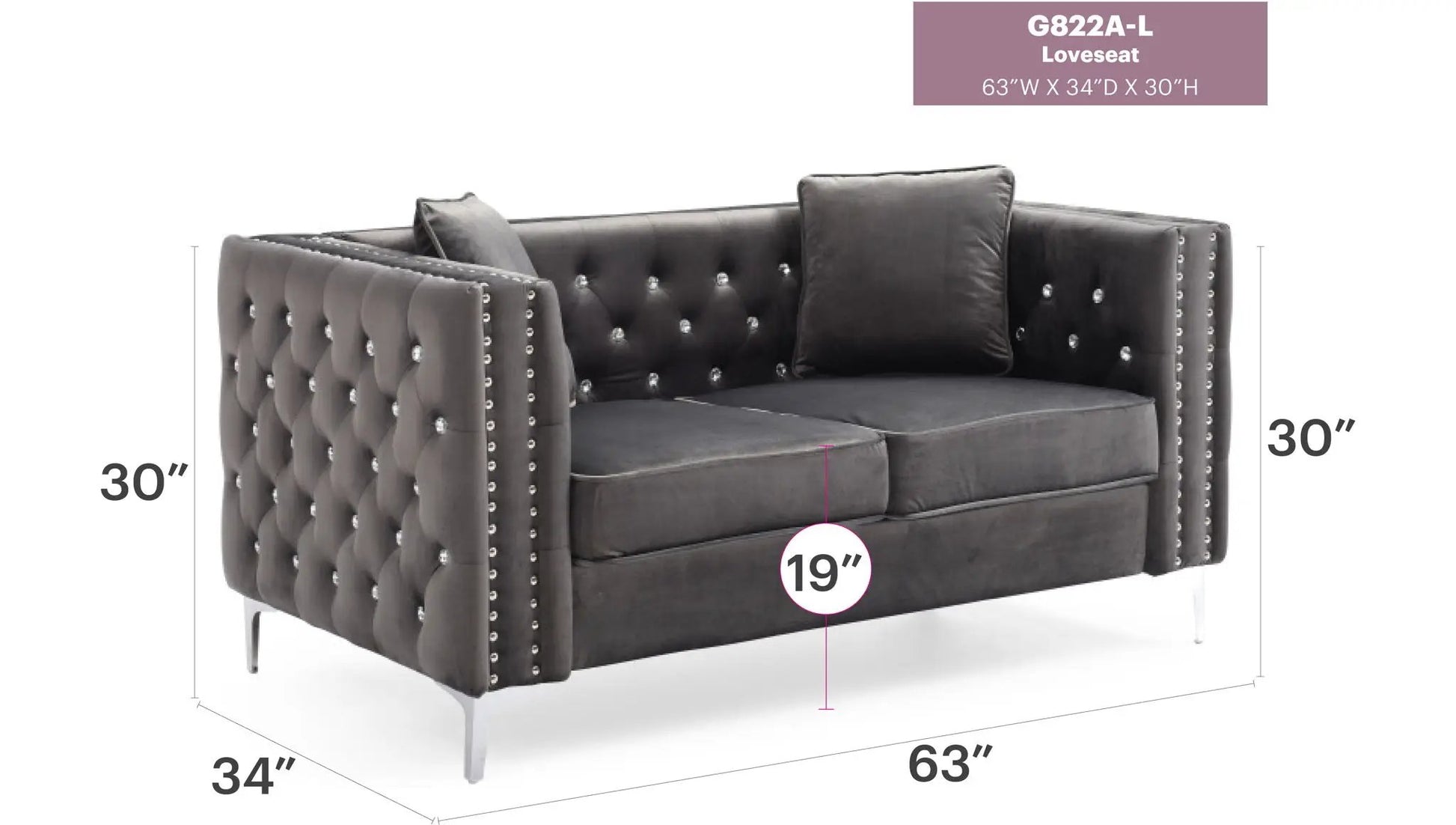 Elegant Track Arm Loveseat in dark gray velvet with tufted back and nailhead trim on Tampa Home and Garden Store