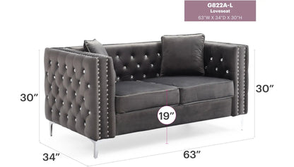 Elegant Track Arm Loveseat in dark gray velvet with tufted back and nailhead trim on Tampa Home and Garden Store
