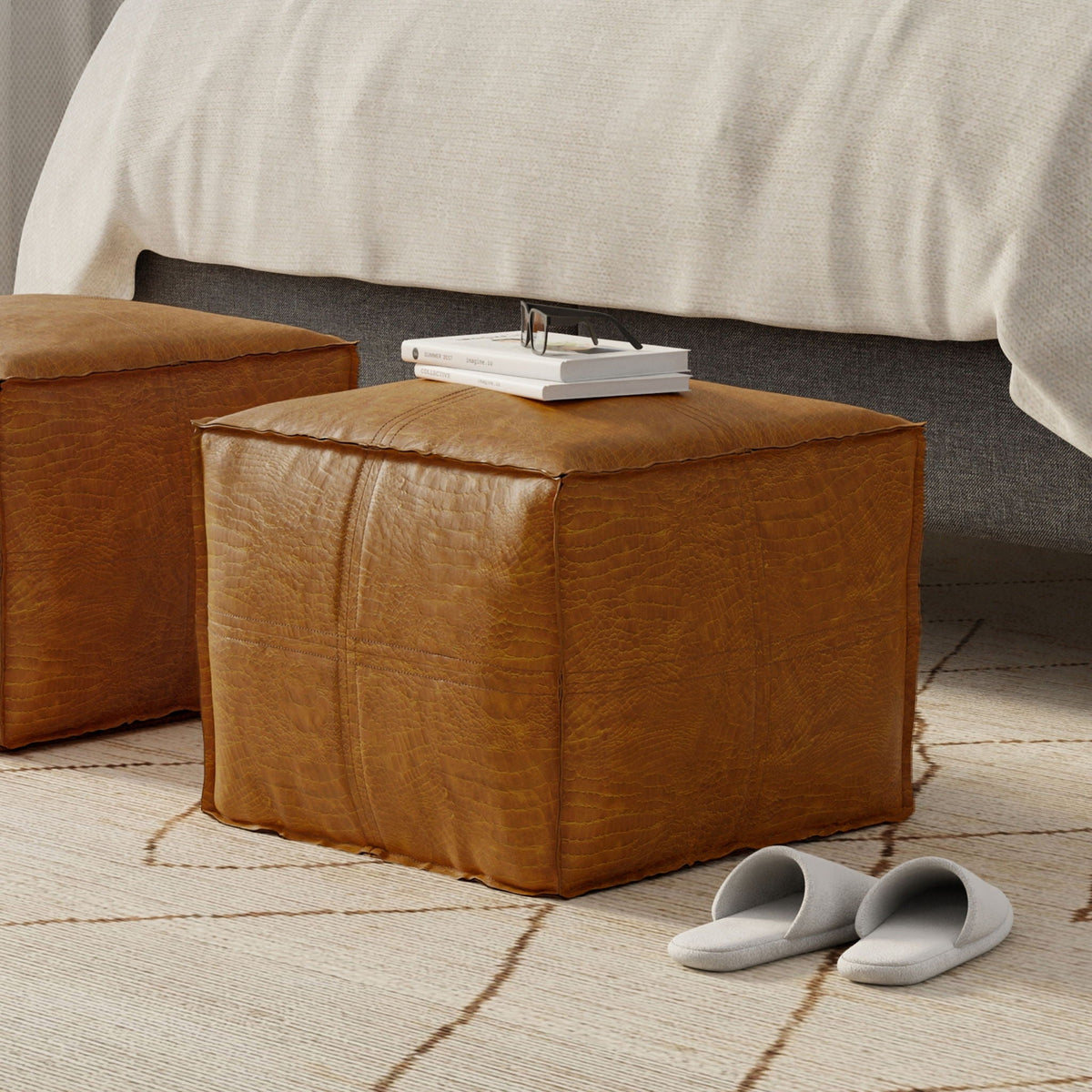 Square pouf ottoman tan genuine leather finish by HouseOfZazla; pair of accent poufs on Tampa Home & Garden Store