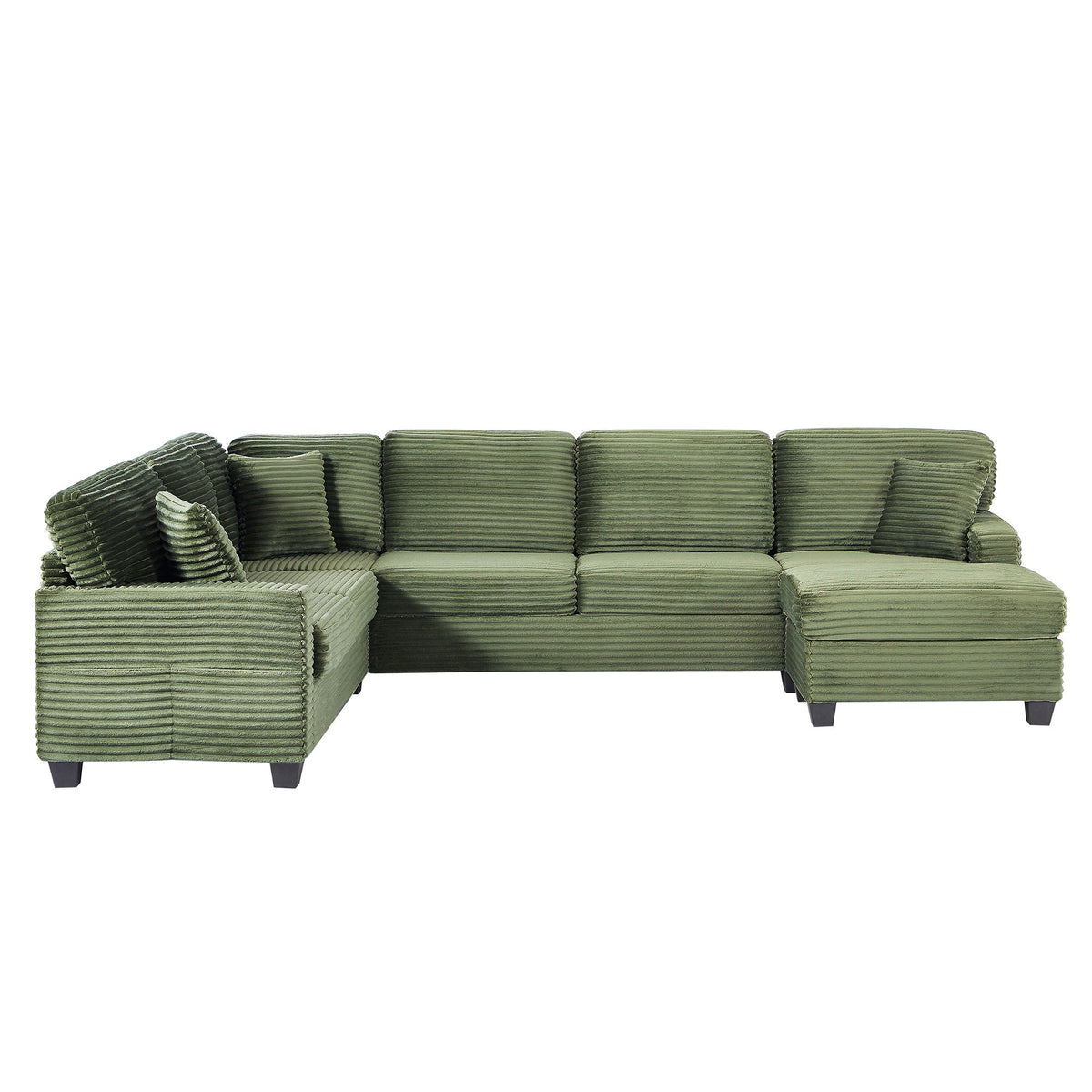 Upholstered U-shaped green corduroy sectional sofa with movable ottoman and side pockets on Tampa Home & Garden Store