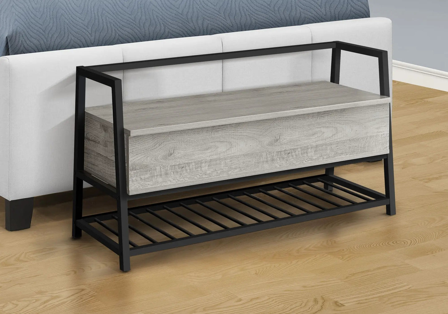 Bench Storage bench with light gray drawer and black metal frame Unique Piece Furniture on Tampa Home & Garden Store